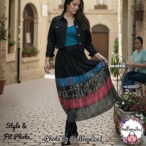 New Chicos Boho Multicolor Velvet Fabric Patchwork Tier Skirt Black Red Blue